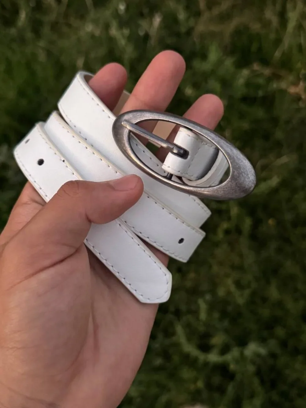 White Belt with Oversized Silver Oval Buckle